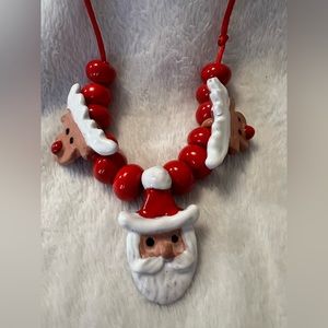 ❤️Vintage Glass Bead and Clay Hand painted Santa and Reindeer Necklace.